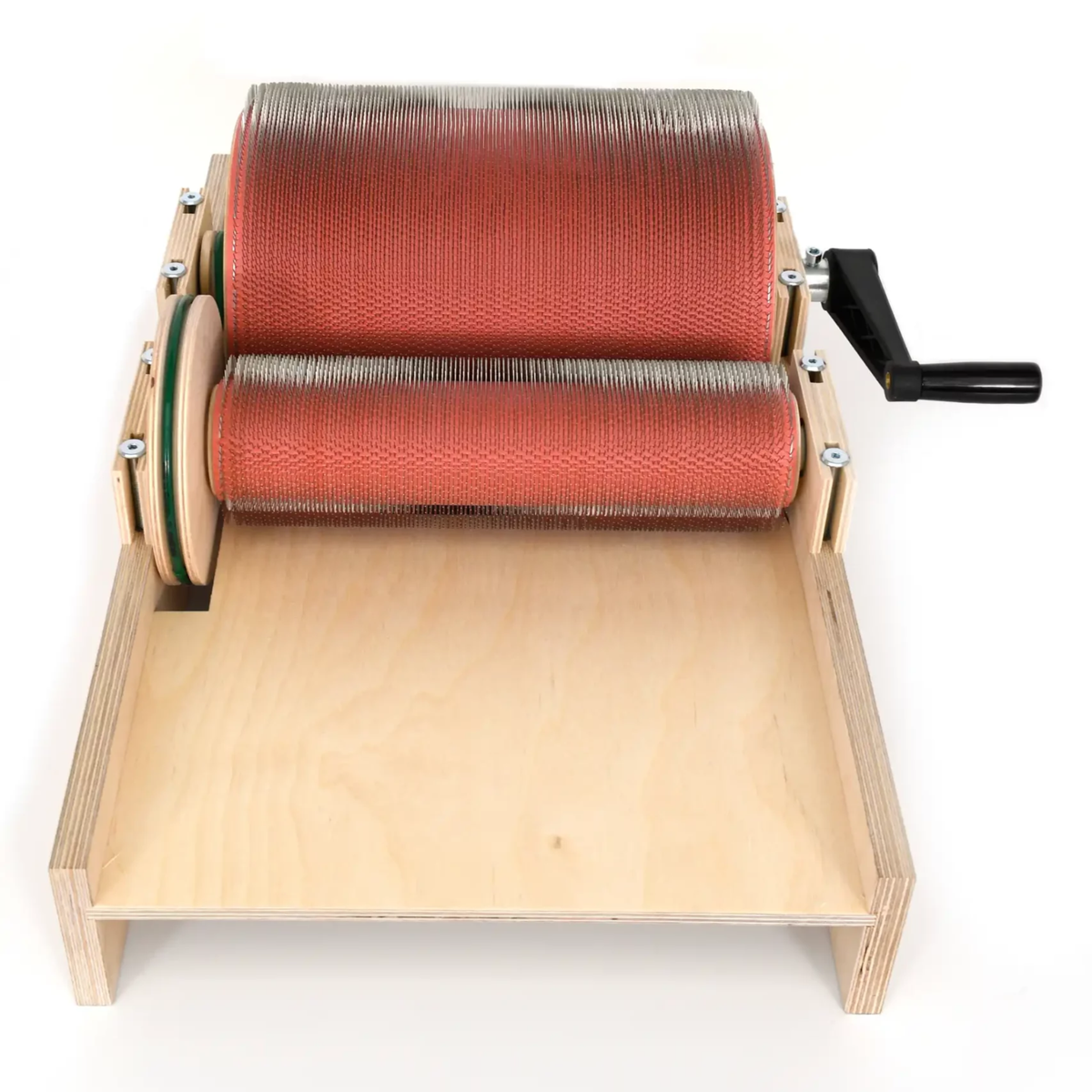 Golden Fleece WIDE 120 TPI drum carder viewed from the broad feed tray toward the licker-in and main drum.
