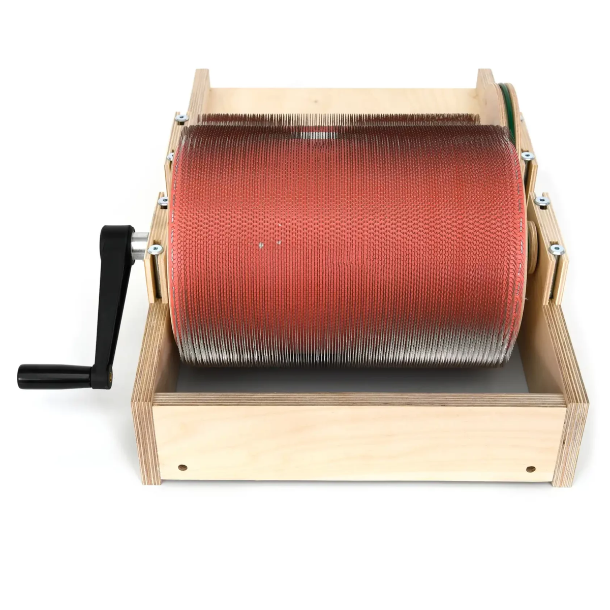 Front view of the Golden Fleece WIDE 120 TPI drum carder showing the fine carding cloth and hand crank.