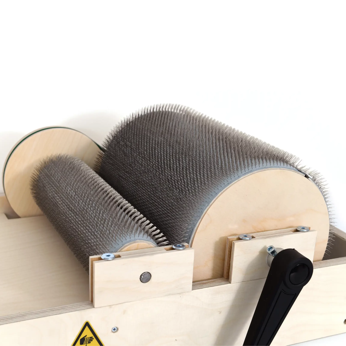 Angled view of the Golden Fleece WIDE 54 TPI drum carder showing the main drum, licker-in, frame, and crank.
