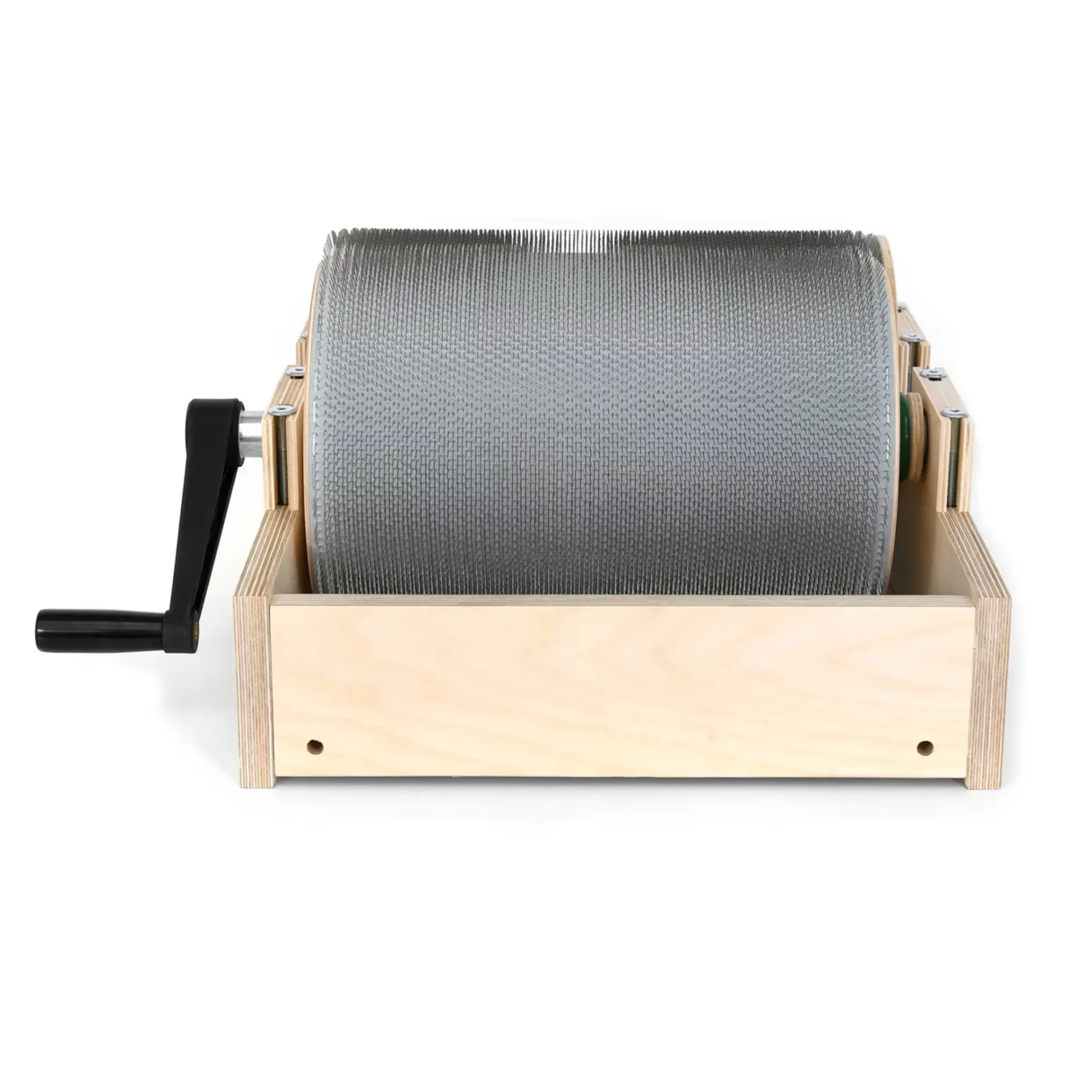 Front view of the Golden Fleece WIDE 54 TPI drum carder showing the wide main drum and hand crank.