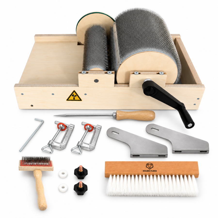 Golden Fleece WIDE 54 TPI drum carder with included Packer Brush, mounting hardware, clamps, doffer pin, cleaning brush, and Allen key.