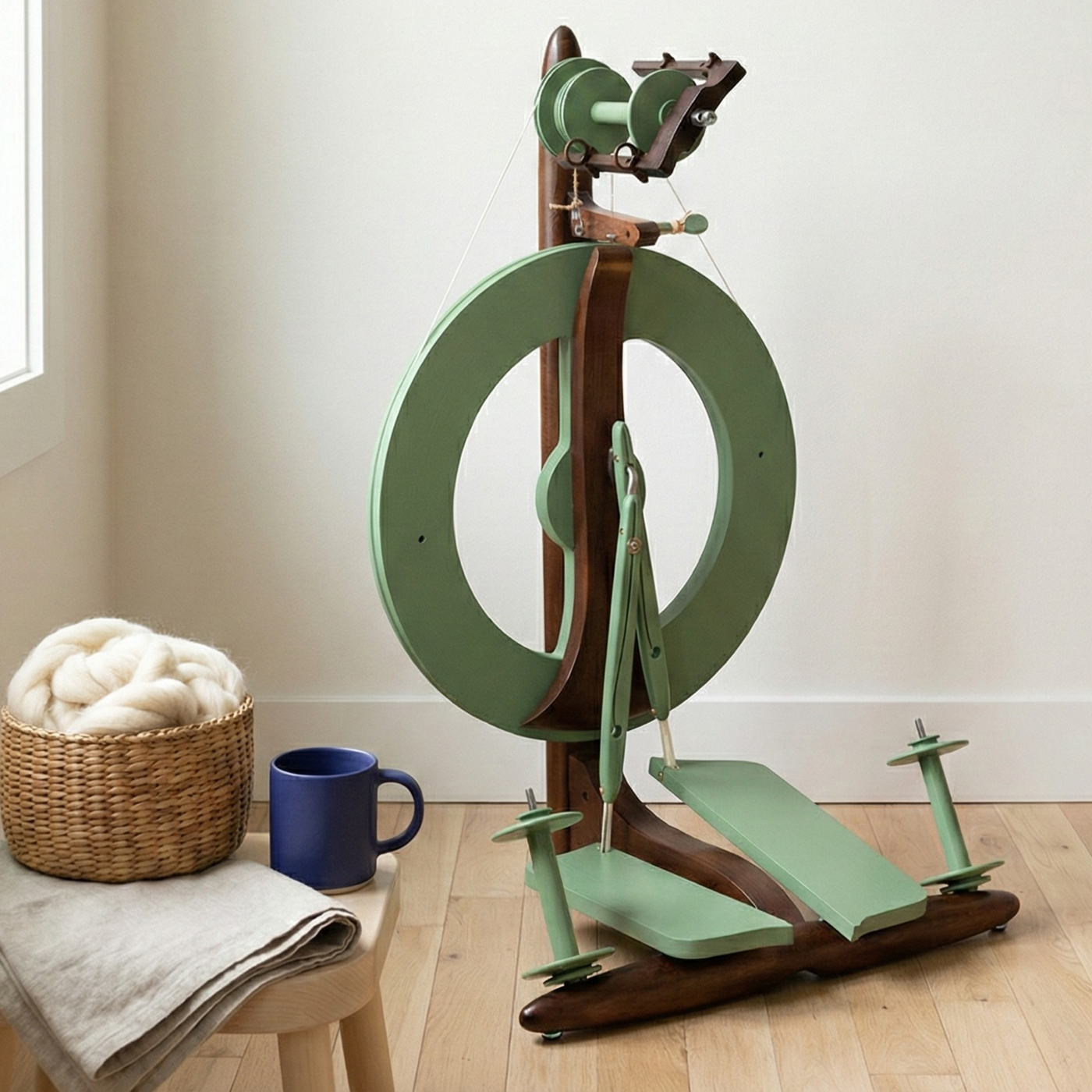 Limited edition Kromski Fantasia in meadow green with walnut accents. Placed in a calm windowlite makers studio corner with bench of supplies.