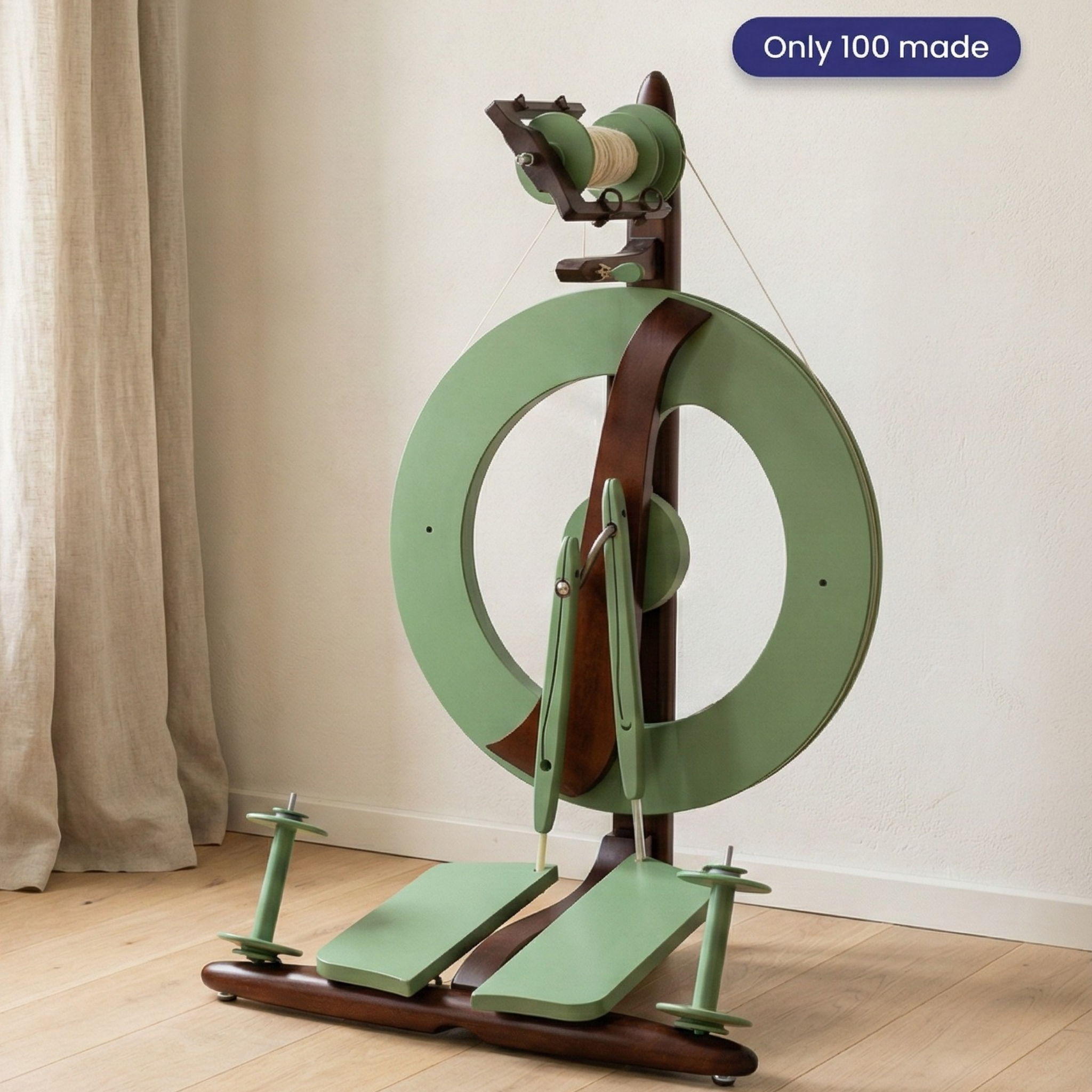 Limited edition Kromski Fantasia in meadow green with walnut accents. Photographed in a calm studio with window lighting. 