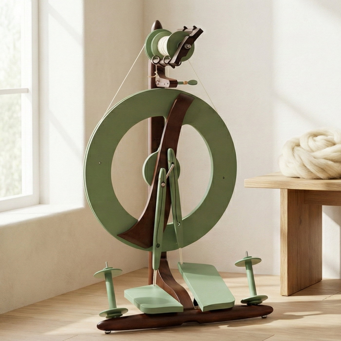 A calm studio shot with window lighting of the new limited edition Kromski Fantasia in meadow green with walnut accents. Beside a bench with fresh wool roving ready to spin into yarn.