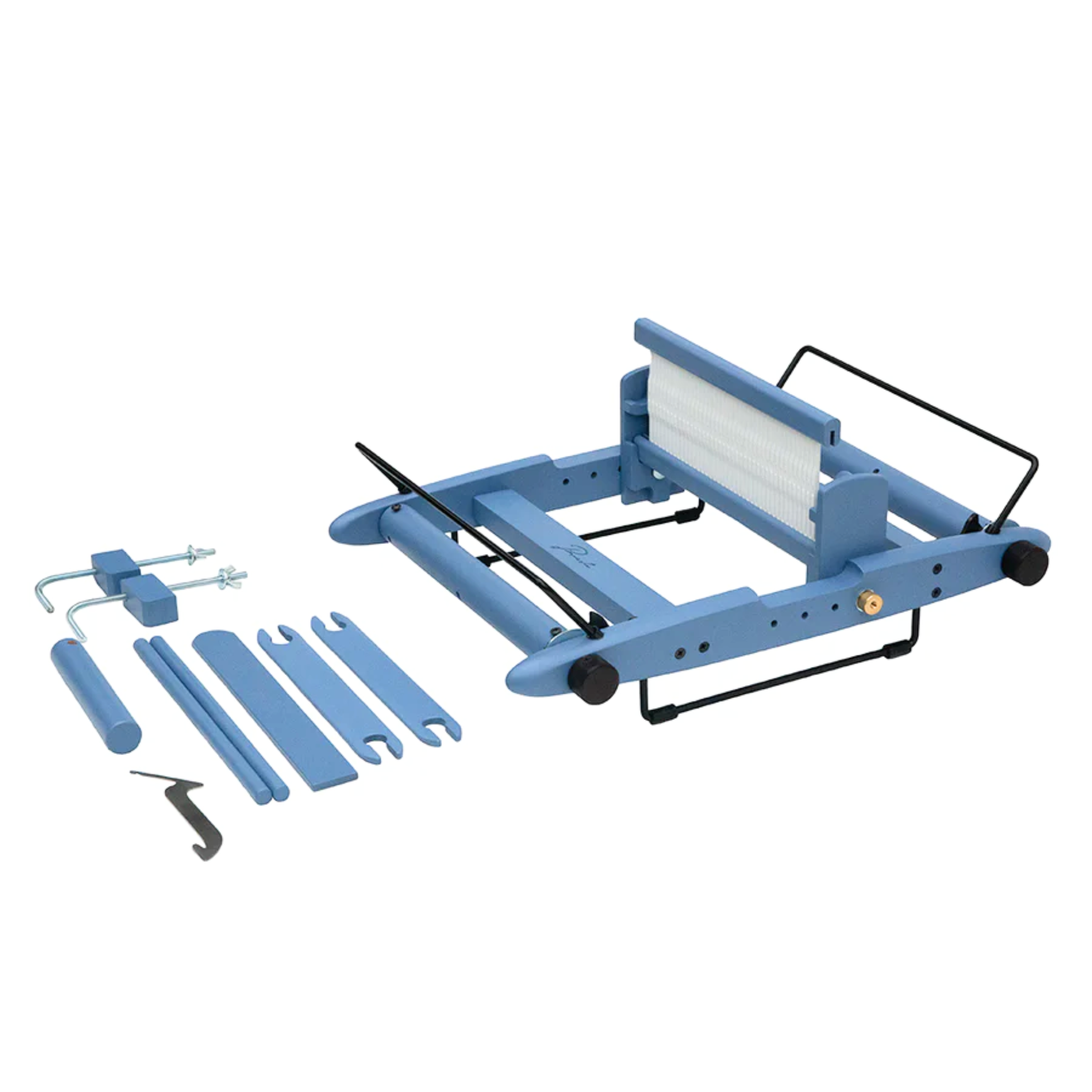 A 10" Kromski Presto Rigid Heddle Loom in the limited edition Harbor Blue colorway, white background, with supplies.