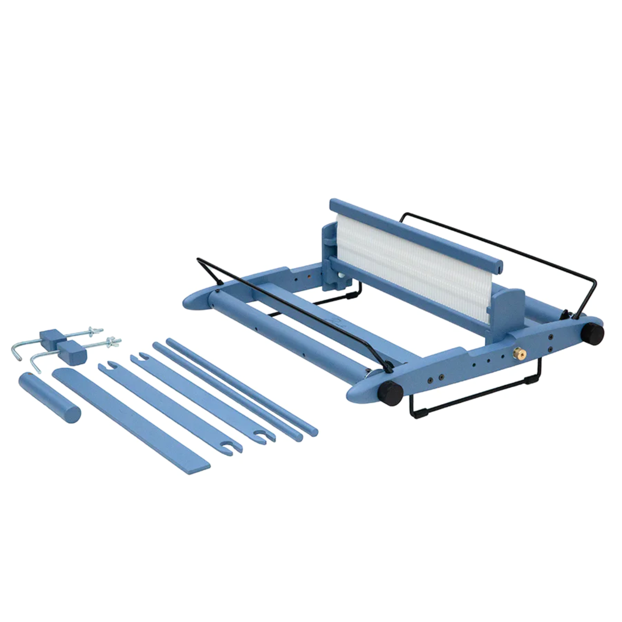 A 16" Kromski Presto Rigid Heddle Loom in the limited edition Harbor Blue colorway, white background, with supplies.