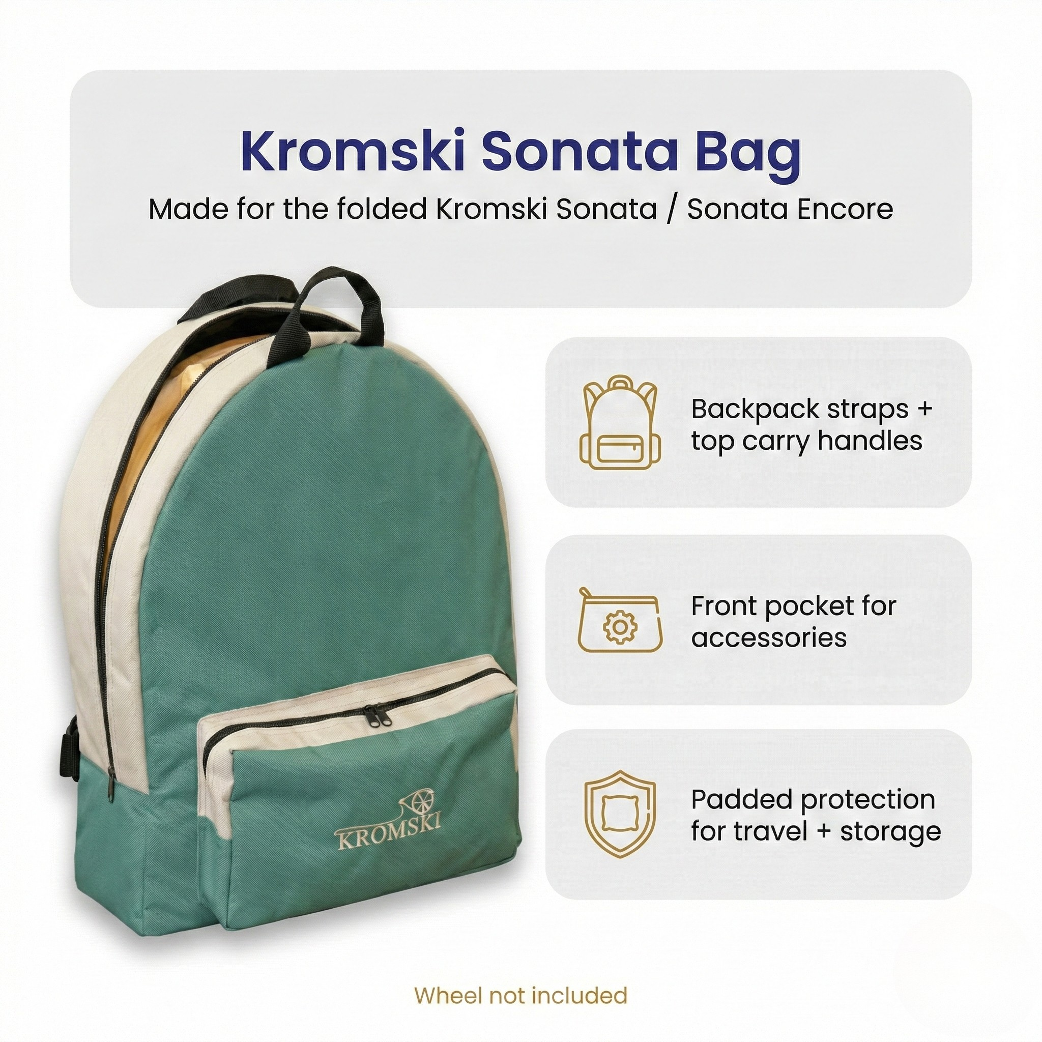 Kromski Sonata Bag infographic highlighting fit for the folded Sonata or Sonata Encore, backpack carry straps, top handles, front pocket, and padded storage.