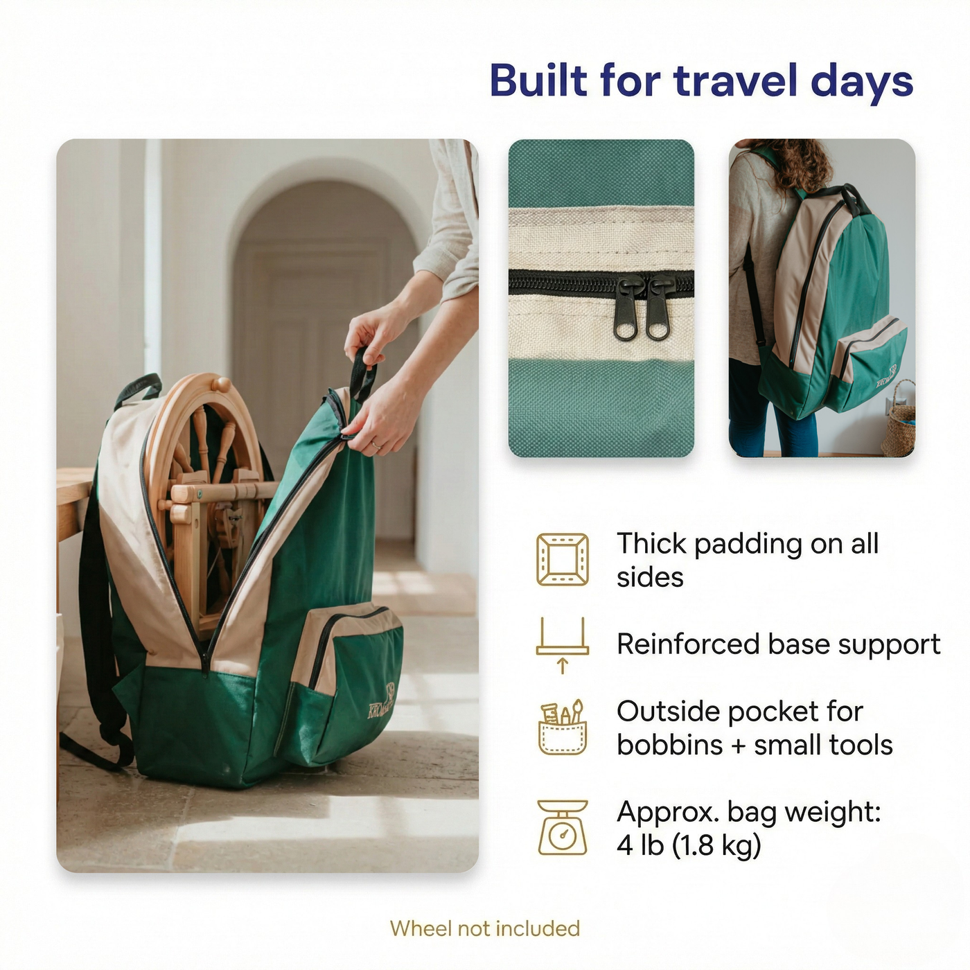 Infographic showing key features of the Kromski Sonata Bag, including padded protection, reinforced base support, accessory pocket, and approx. 4 lb weight.