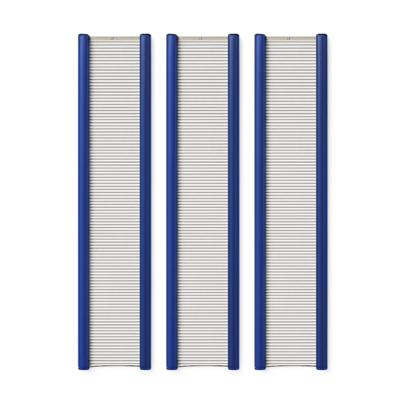 Three Leclerc 3.5‑inch stainless‑steel loom reeds in mid‑size widths (27″–60″), featuring blue anodized rails and evenly spaced stainless dents, shown aligned vertically.