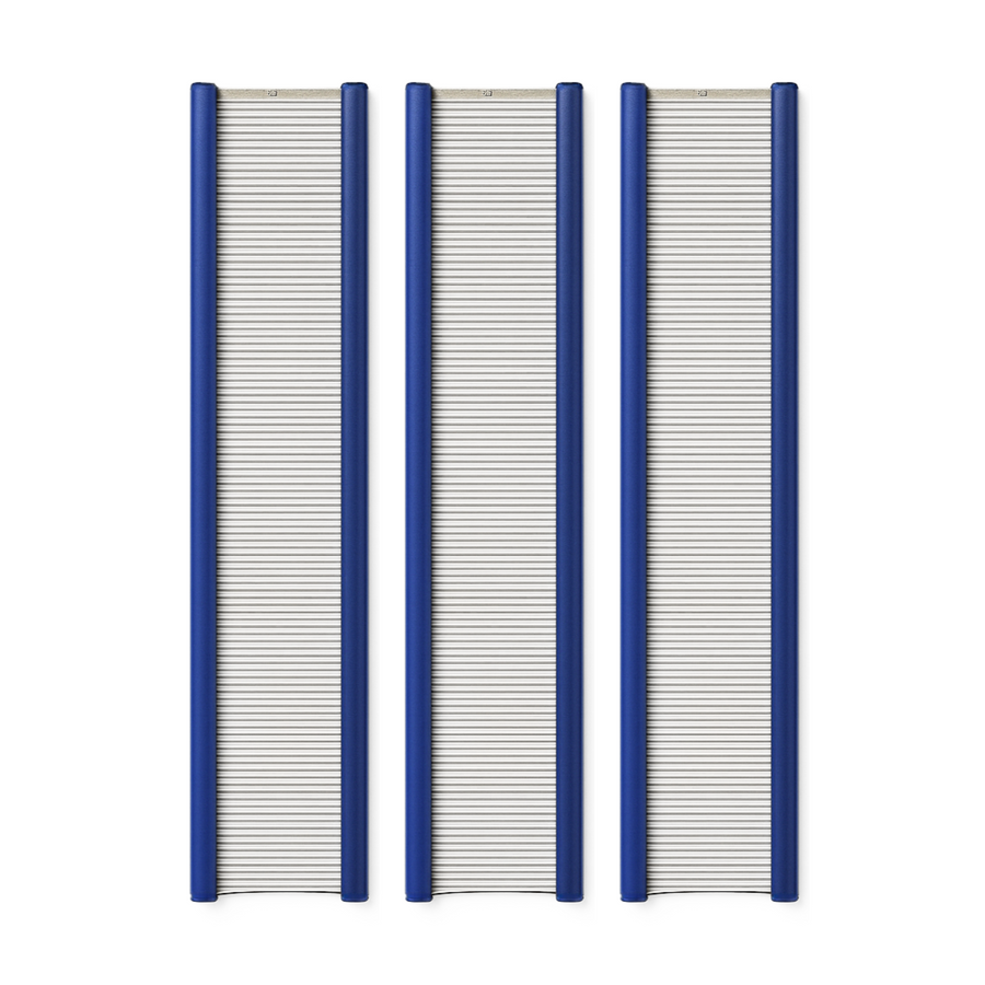 Three Leclerc 3.5‑inch stainless‑steel loom reeds in mid‑size widths (27″–60″), featuring blue anodized rails and evenly spaced stainless dents, shown aligned vertically.