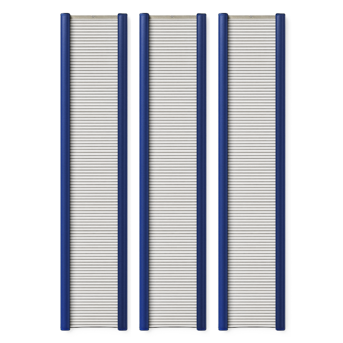 Three Leclerc 3.5‑inch stainless‑steel loom reeds in wide‑format widths (72″–120″), with vibrant blue anodized end‑rails and smooth, corrosion‑resistant dents, arranged in parallel.