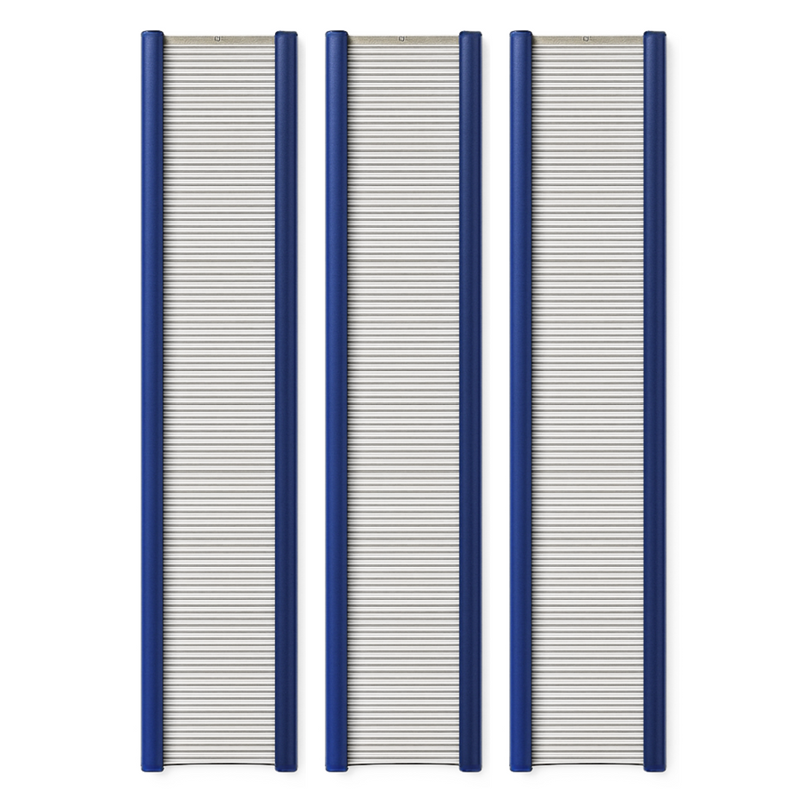 Three Leclerc 3.5‑inch stainless‑steel loom reeds in wide‑format widths (72″–120″), with vibrant blue anodized end‑rails and smooth, corrosion‑resistant dents, arranged in parallel.