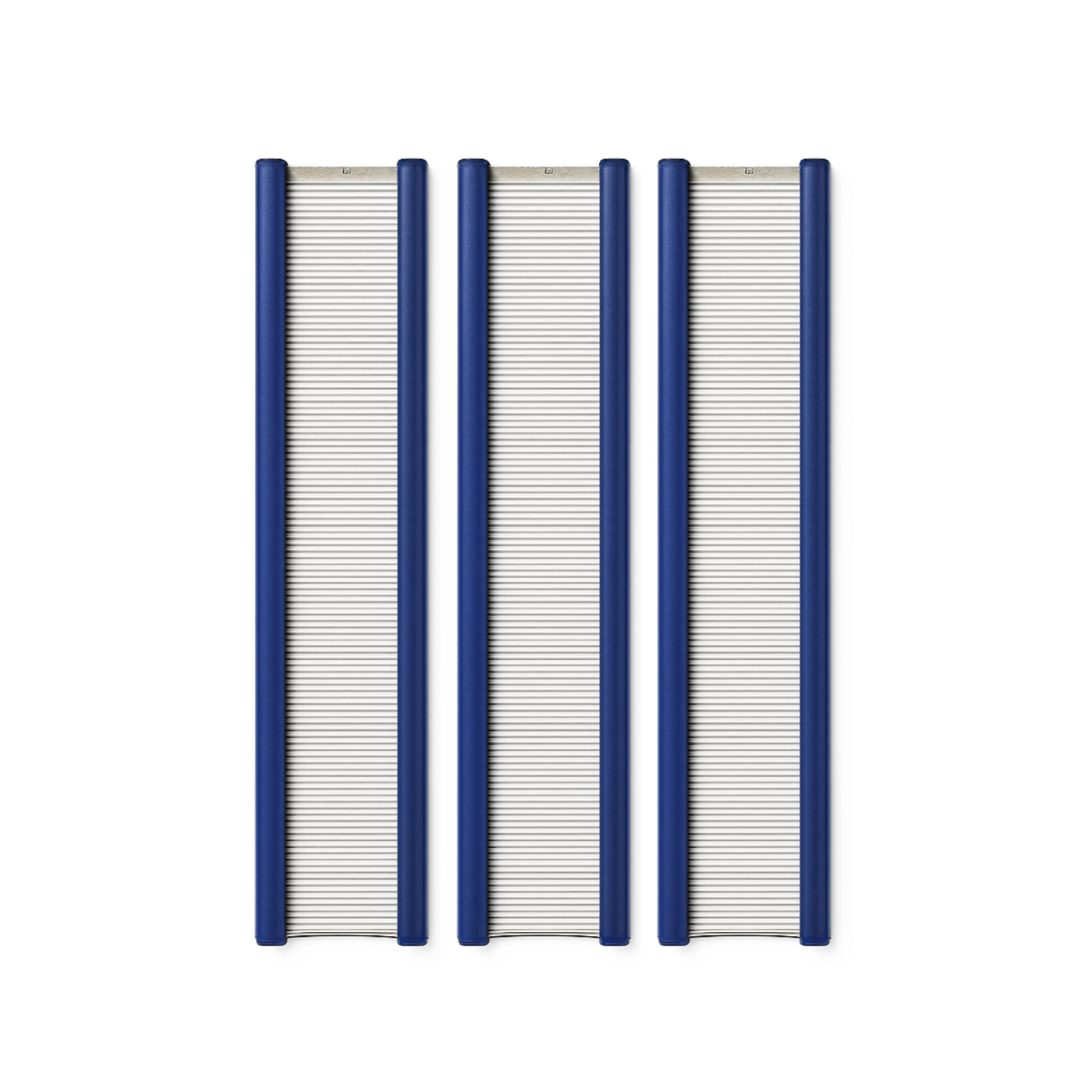 Three Leclerc 3.5‑inch stainless‑steel loom reeds in compact widths (9½″–24″), each with blue anodized end‑rails and precision‑cut stainless dents, displayed side by side.