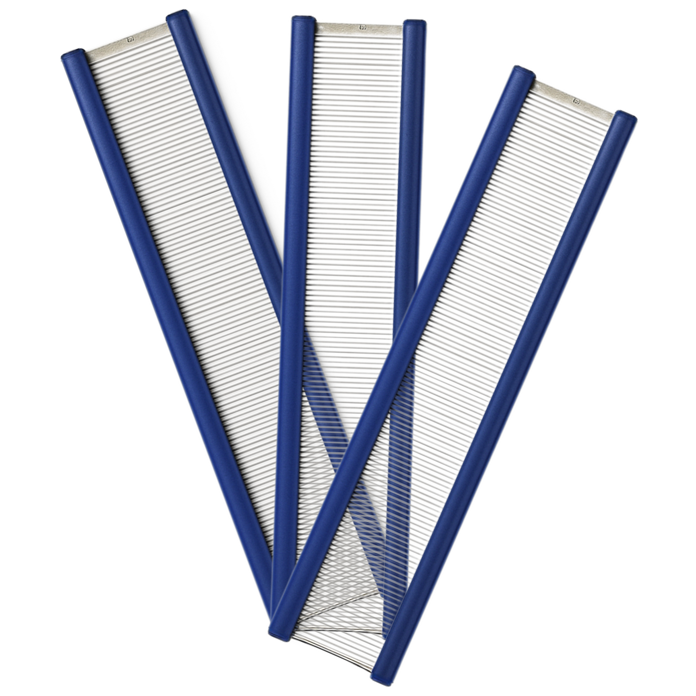 Three Leclerc 4″ stainless steel loom reeds fanned out, featuring precision-cut dents and blue anodized aluminum rails for table or floor weaving looms.