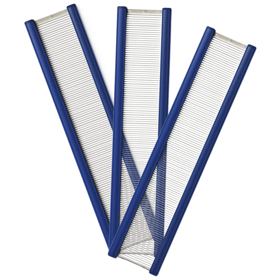 Three Leclerc 4″ stainless steel loom reeds fanned out, featuring precision-cut dents and blue anodized aluminum rails for table or floor weaving looms.