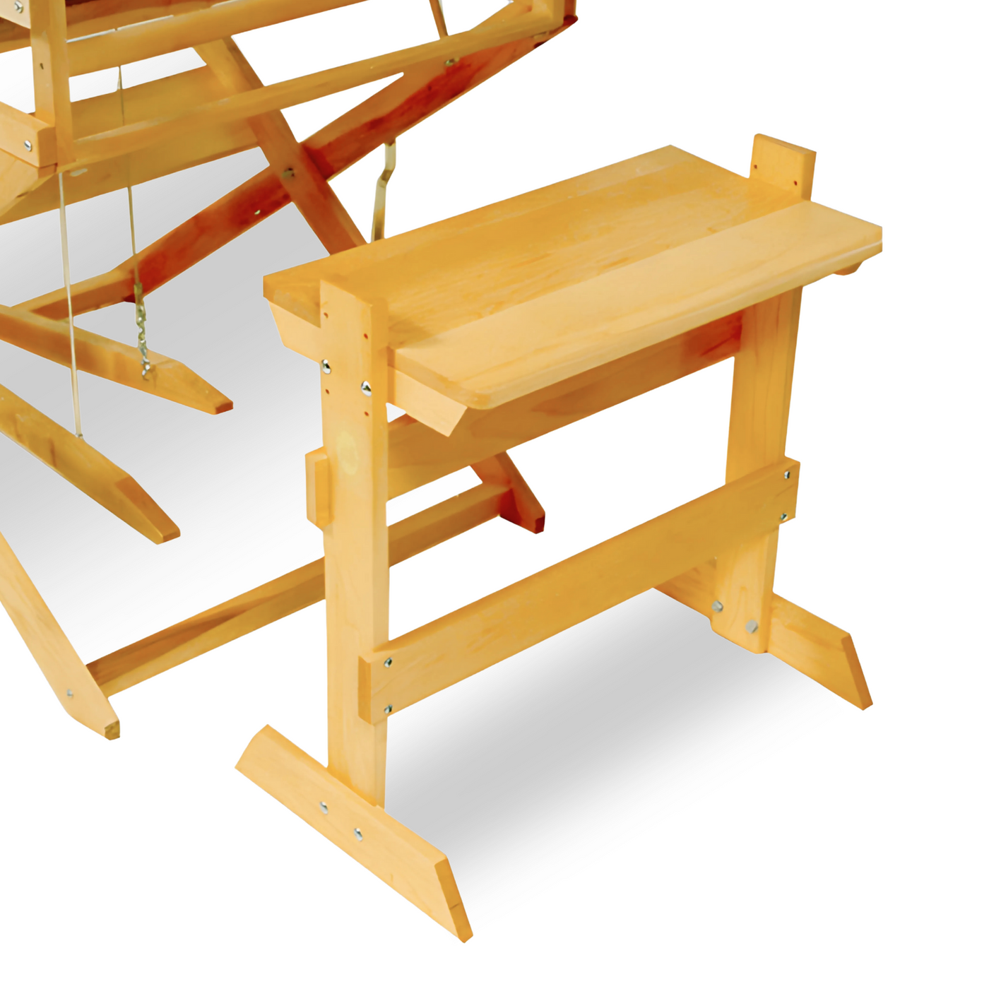 Maple Leclerc Adjustable Height Loom Bench placed in front of a weaving loom, showing its size and compatibility with floor looms.