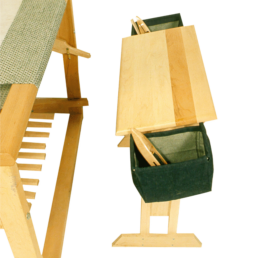 Overhead view of Leclerc Rocking Bench Bags filled with weaving tools, showing spacious interior and side-mounted design for organized storage.
