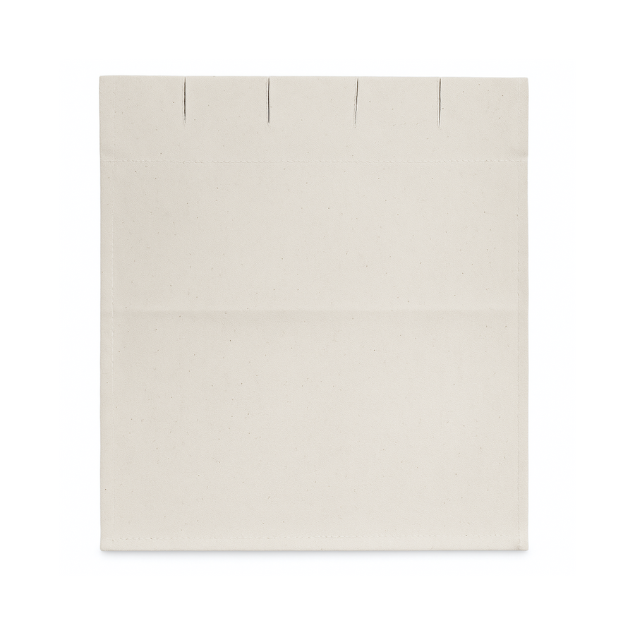 Close-up view of a Leclerc canvas loom apron made from natural off-white cotton, featuring finished edges and tie-on slits for use on floor and table weaving looms
