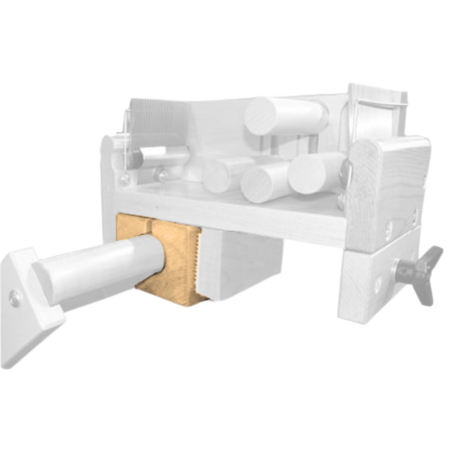 Highlighted view of the Leclerc Compact Loom Tension Box Adaptor installed on the back breastbeam, showing its placement and secure fit for leveling the tension box during sectional warping