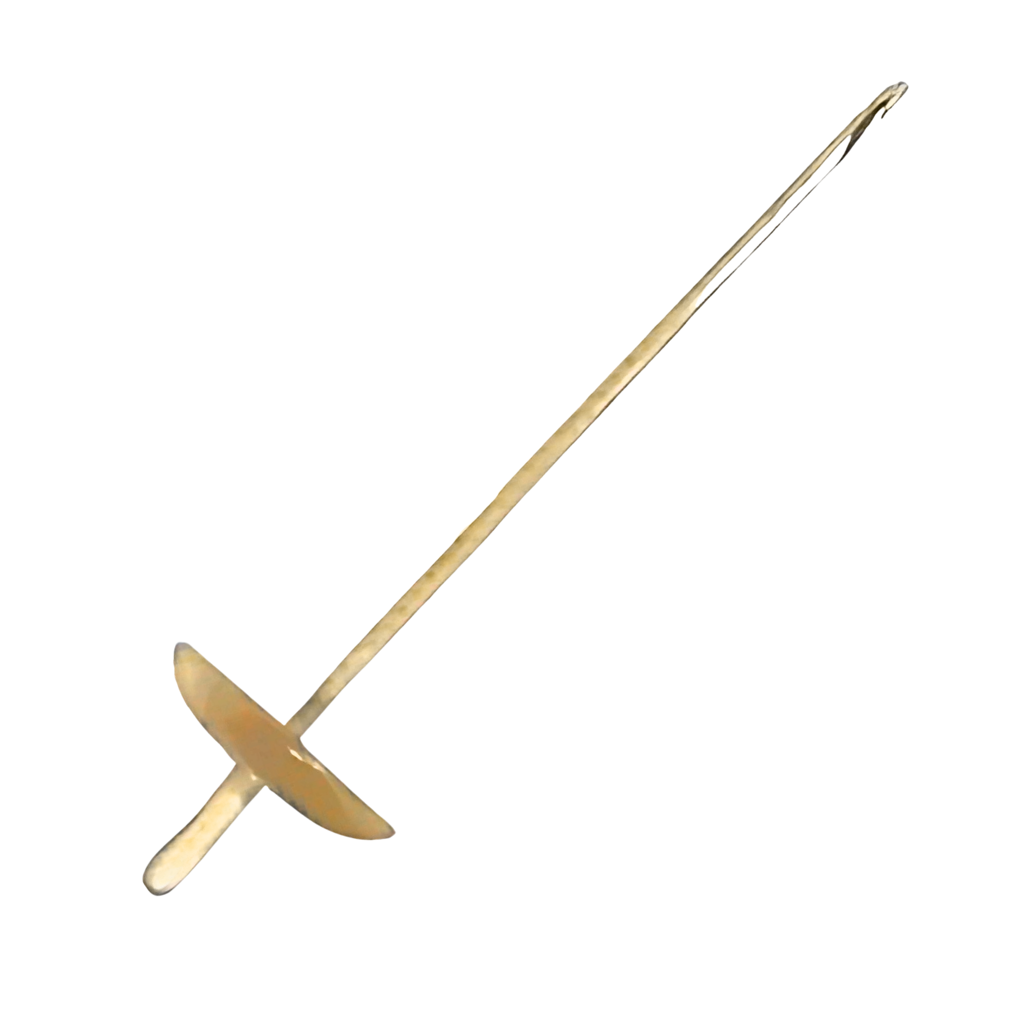Leclerc low-whorl maple drop spindle—14-inch shaft with 3.5-inch bottom whorl and notched tip, angled view on white background
