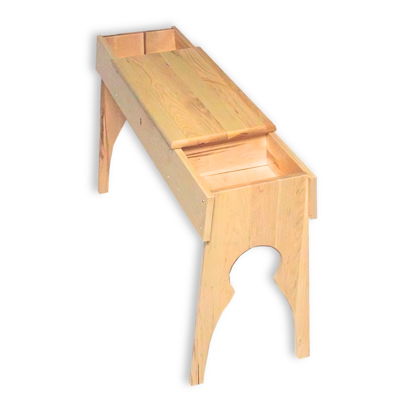 Leclerc Open End Weaving Bench with closed maple seat and side compartments for loom accessories.