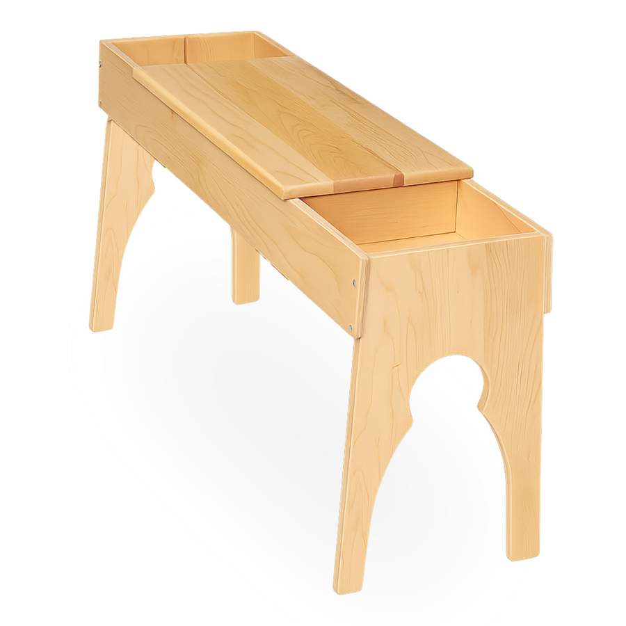 Leclerc Open End Weaving Bench with closed maple seat and side compartments for loom accessories.