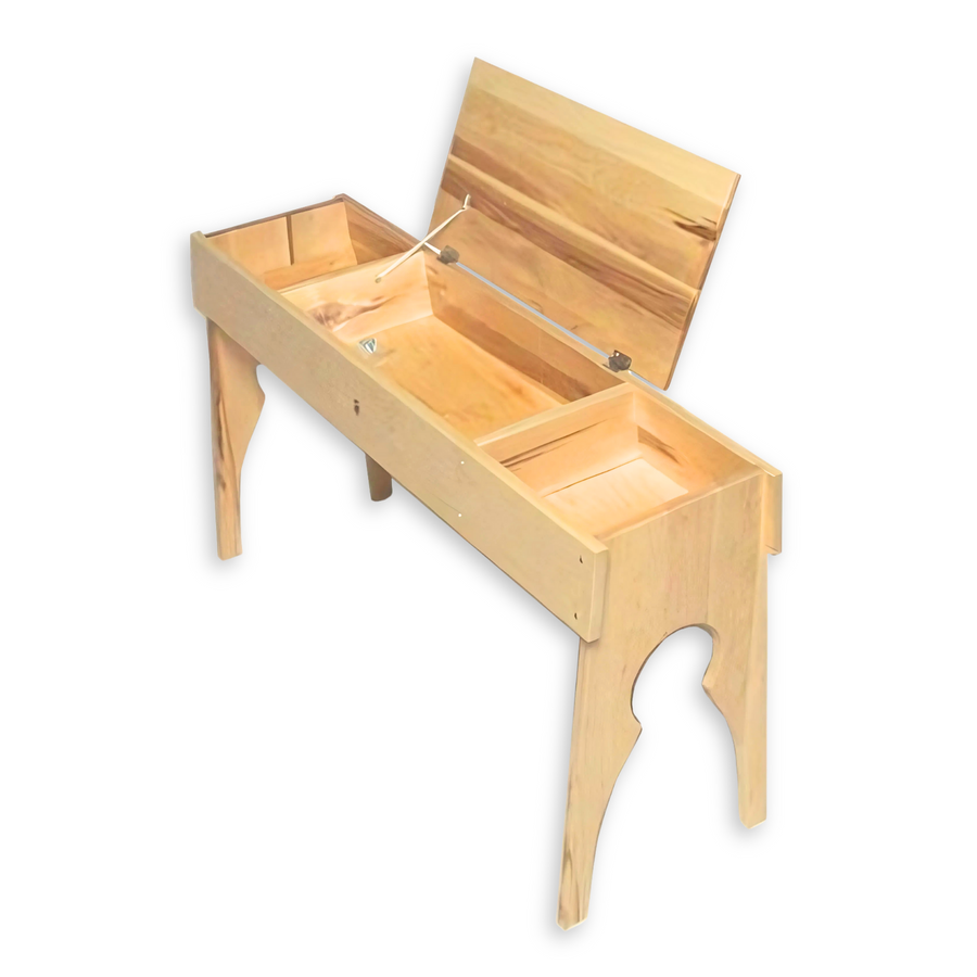 Leclerc Open End Weaving Bench showing open lift-top storage for shuttles, bobbins, and weaving tools.