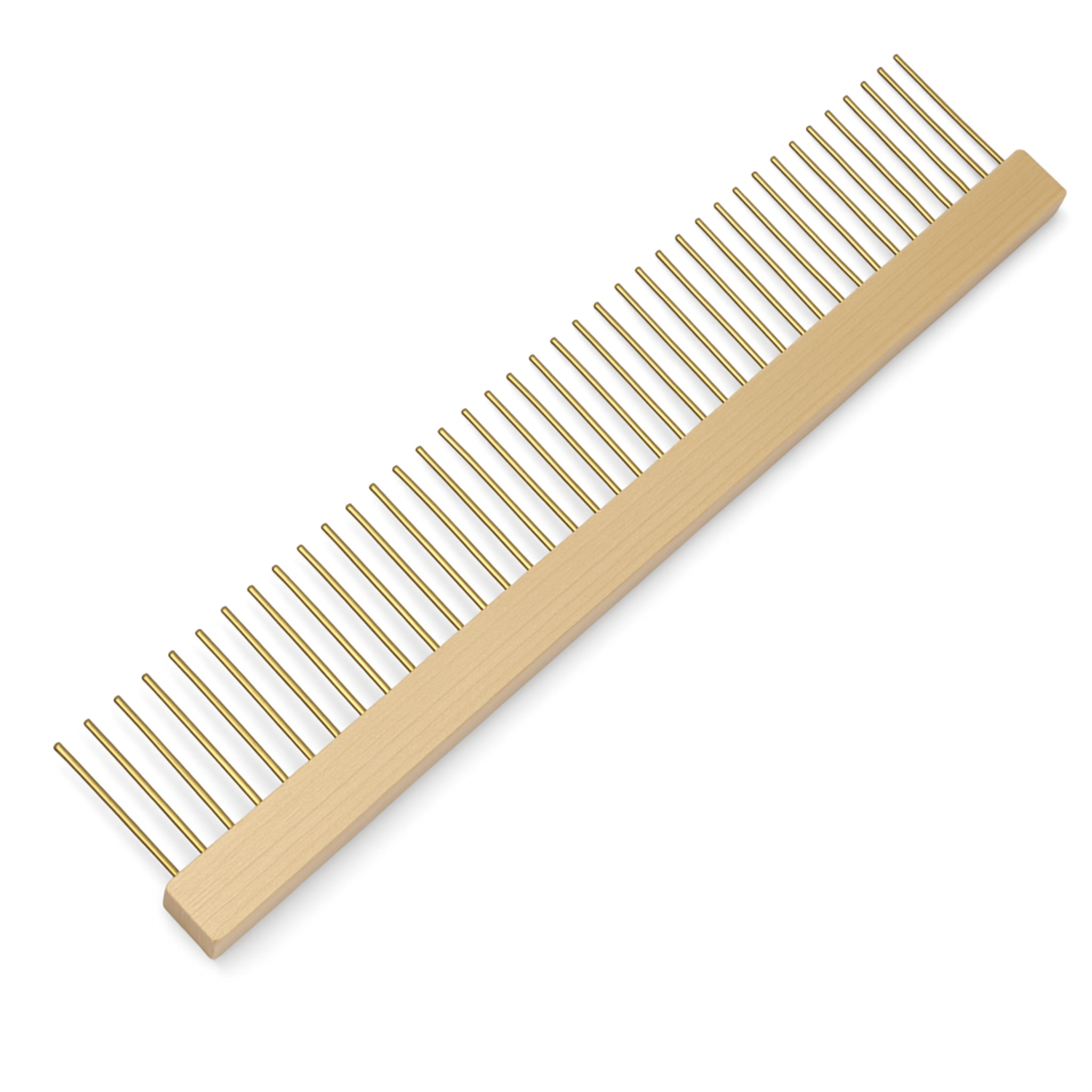 Leclerc raddle for weaving looms made of maple wood with evenly spaced metal pins, essential for back-to-front warping and even warp spacing.