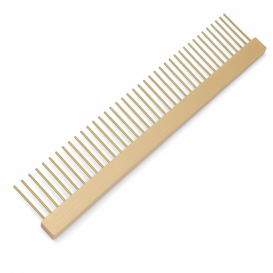 Leclerc raddle for weaving looms made of maple wood with evenly spaced metal pins, essential for back-to-front warping and even warp spacing.