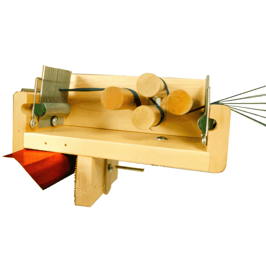 Leclerc Tension Box mounted on a loom, showing wooden dowels, adjustable tensioning rods, and 12 TPI comb guiding warp threads for sectional warping.