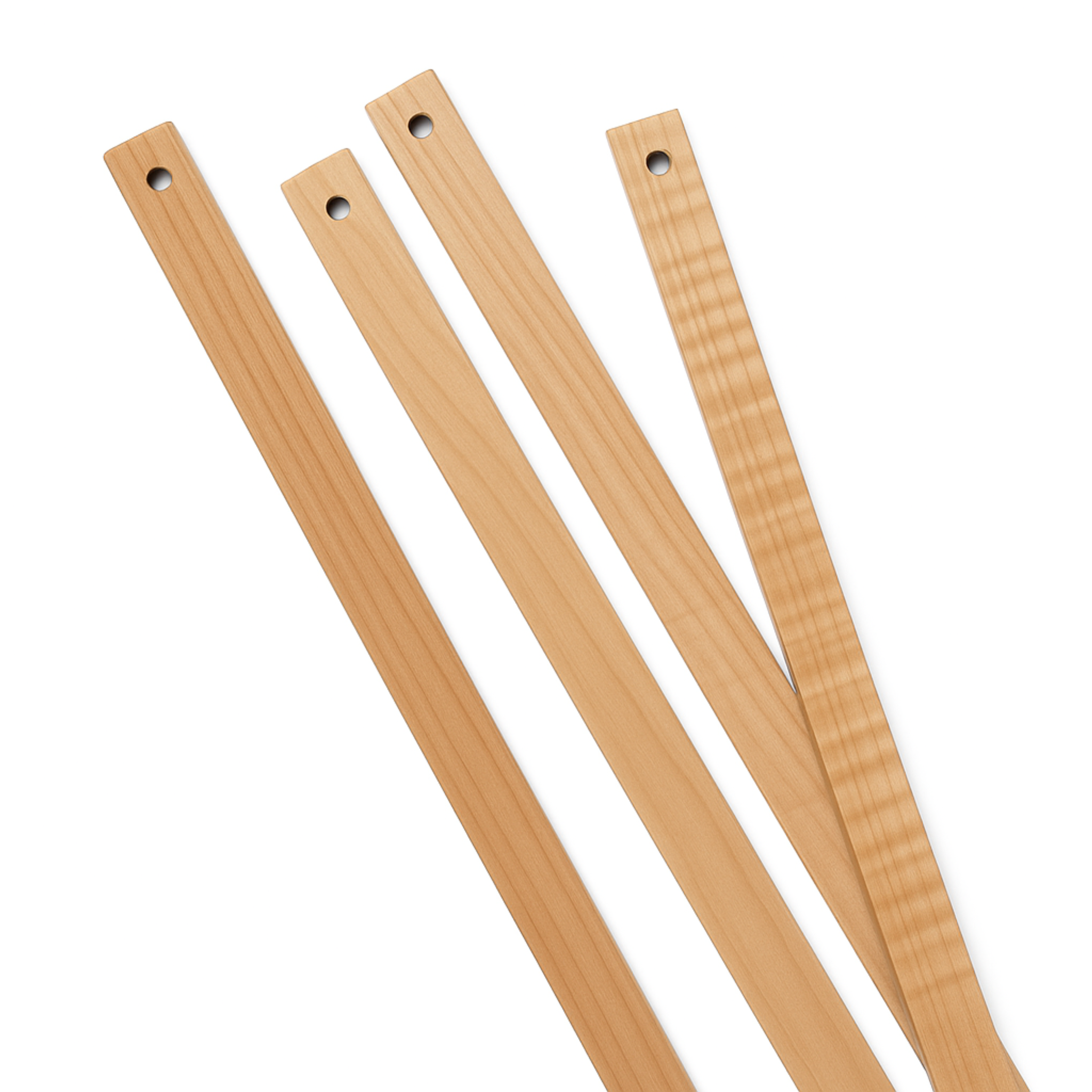 Four Leclerc Wooden Lease Sticks in maple wood with pre-drilled holes, shown on white background for weaving loom setup