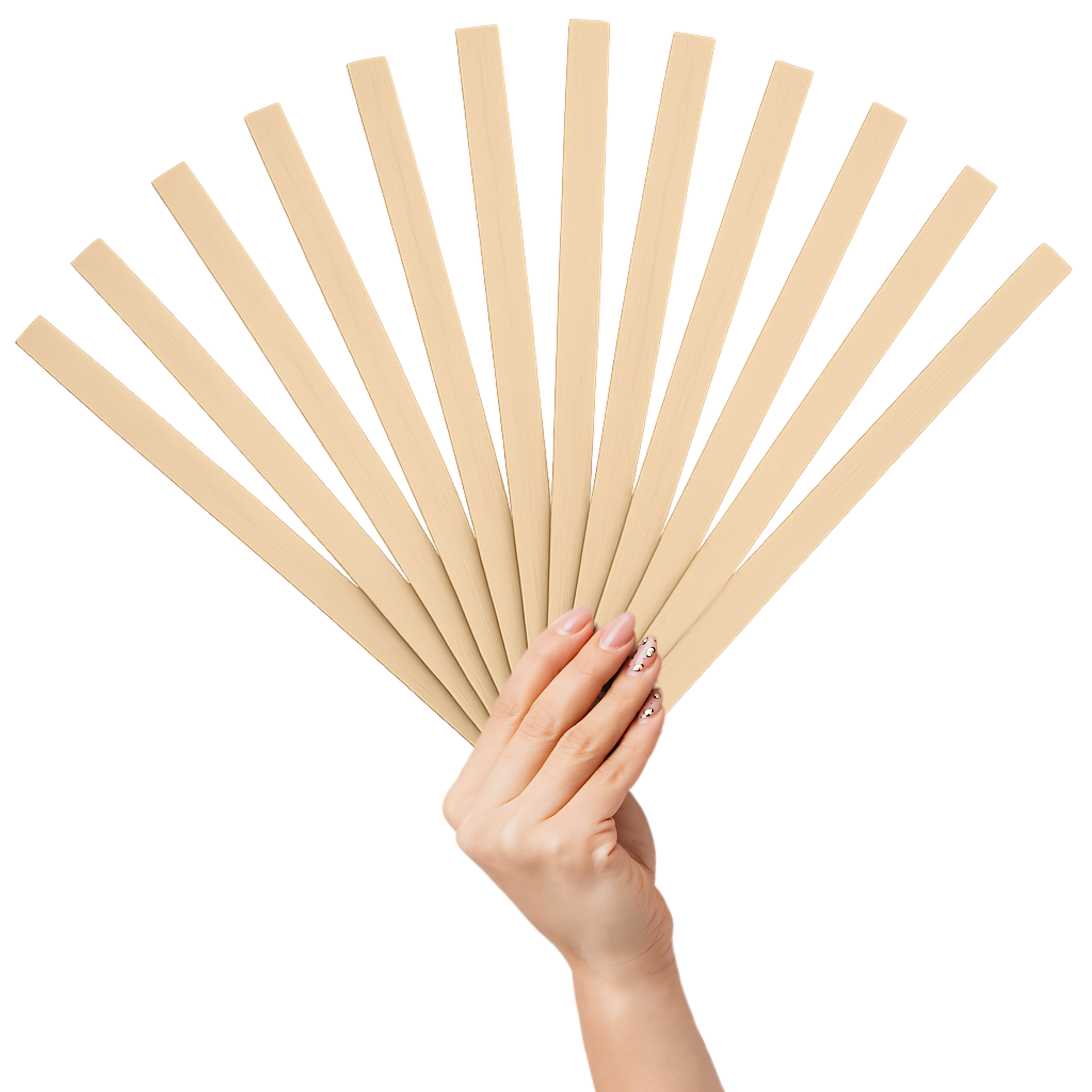 Hand holding twelve Leclerc wooden warp sticks fanned out for even warp tension and precise weaving tool placement