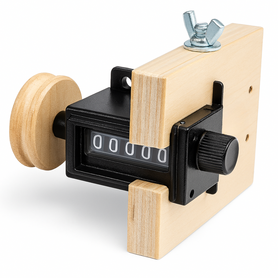 Close-up of the Leclerc Yardage Counter—black register and maple support bracket with zeroed display, ready for precise yarn measurement during sectional warping.