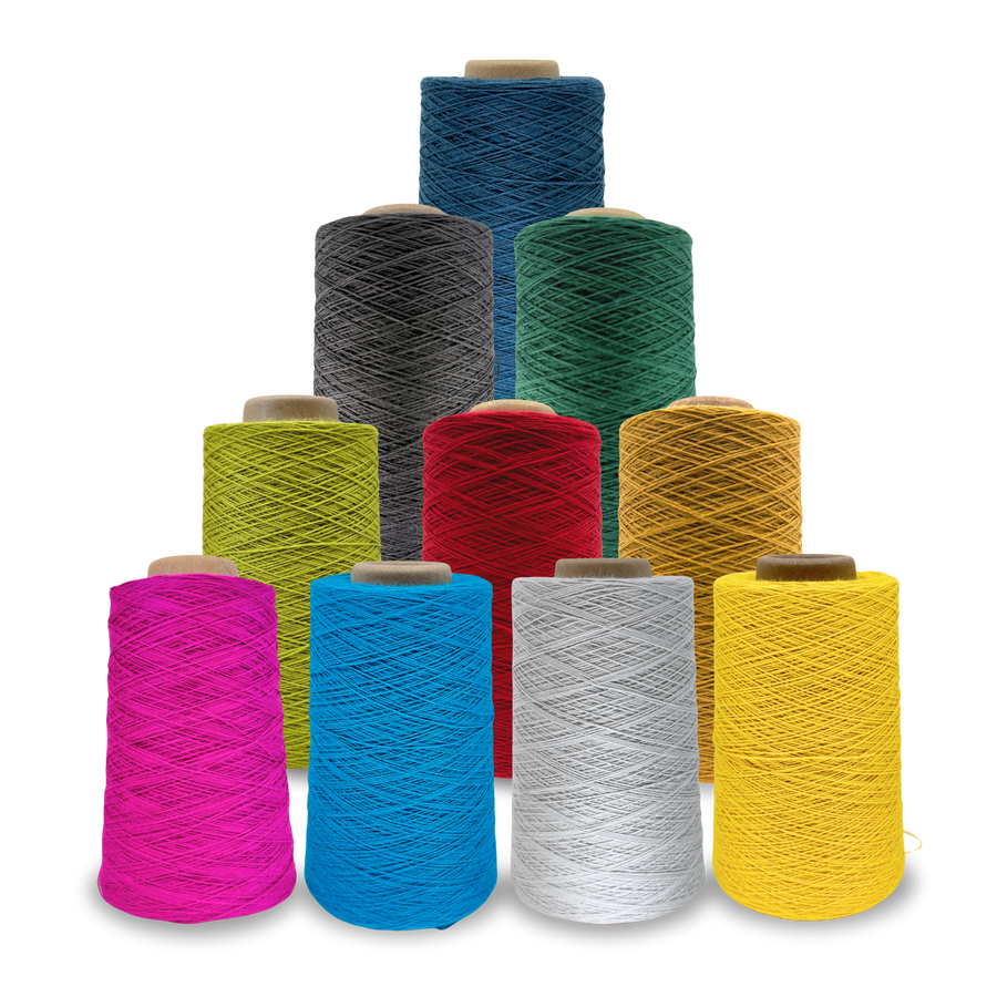 Ten vibrant cones of Lofty 8/4 Cotton Yarn in assorted colors including magenta, turquoise, white, lemon yellow, cherry red, charcoal, fir green, gold, key lime, and marine blue, stacked in a pyramid arrangement on a transparent background.