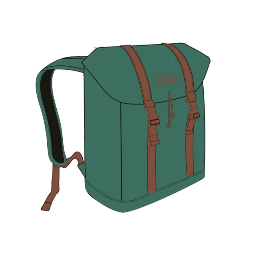 Lojan Travel Buddy Backpack—teal recycled-PET spinning-wheel backpack with tan straps, sized to fit the folded Lojan Travel Buddy wheel
