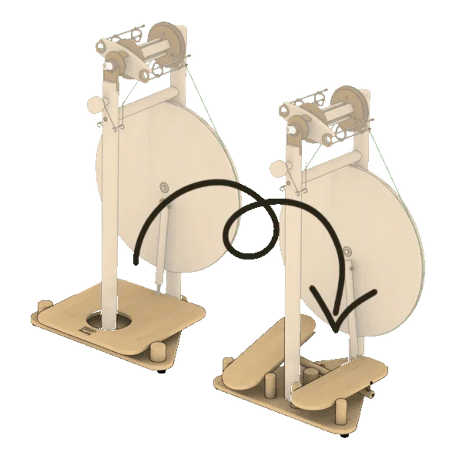 Lojan Travel Buddy double treadle conversion kit—illustration showing change from single wide treadle to two treadles.