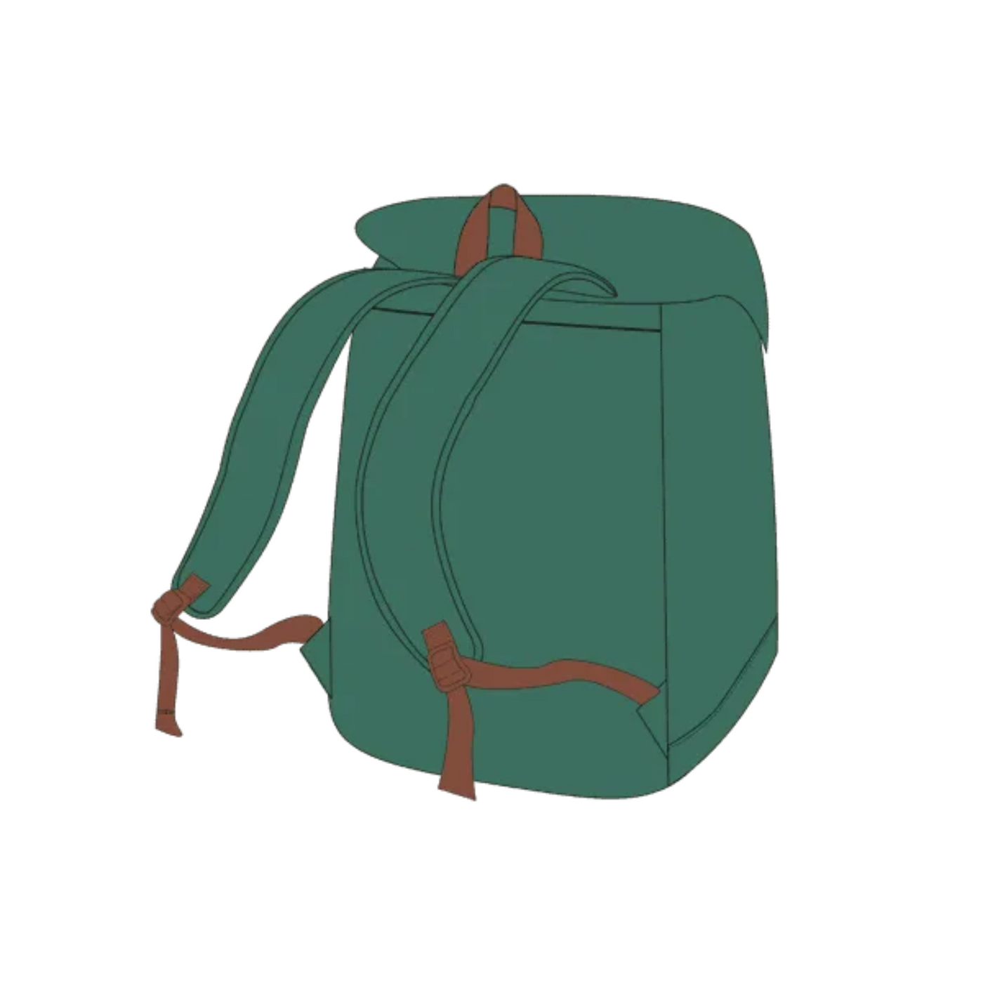 Rear view illustration of the Lojan Travel Buddy spinning wheel backpack in teal, showing padded shoulder straps and flap-top design