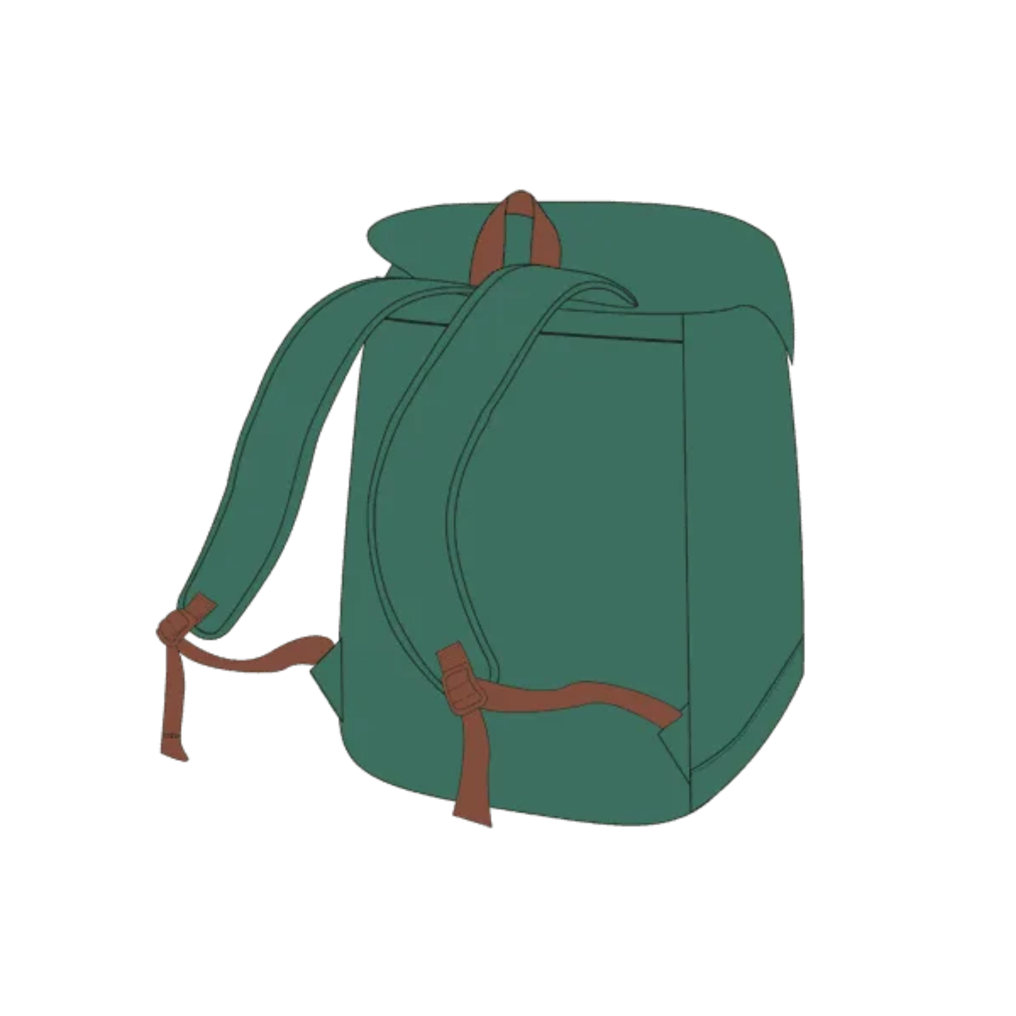 Rear view illustration of the Lojan Travel Buddy spinning wheel backpack in teal, showing padded shoulder straps and flap-top design