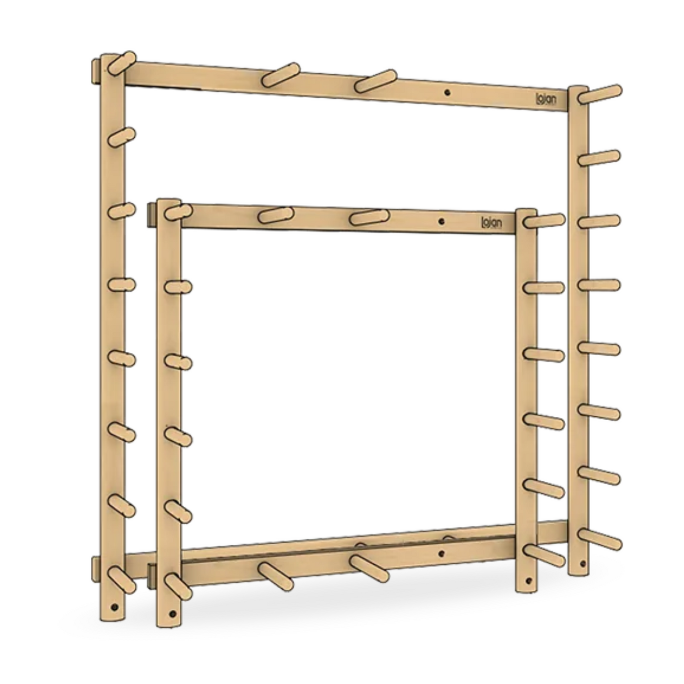 Rendered image of Lojan Warping Frames in two sizes, showing peg layout and beech wood construction.