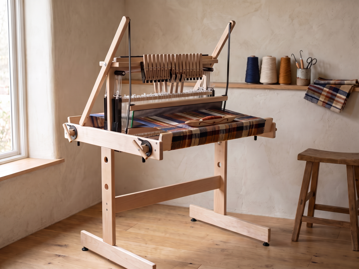 Natural-wood Louët Jane loom on its floor stand with a plaid textile and shuttle in a warm, sunlit weaving studio.