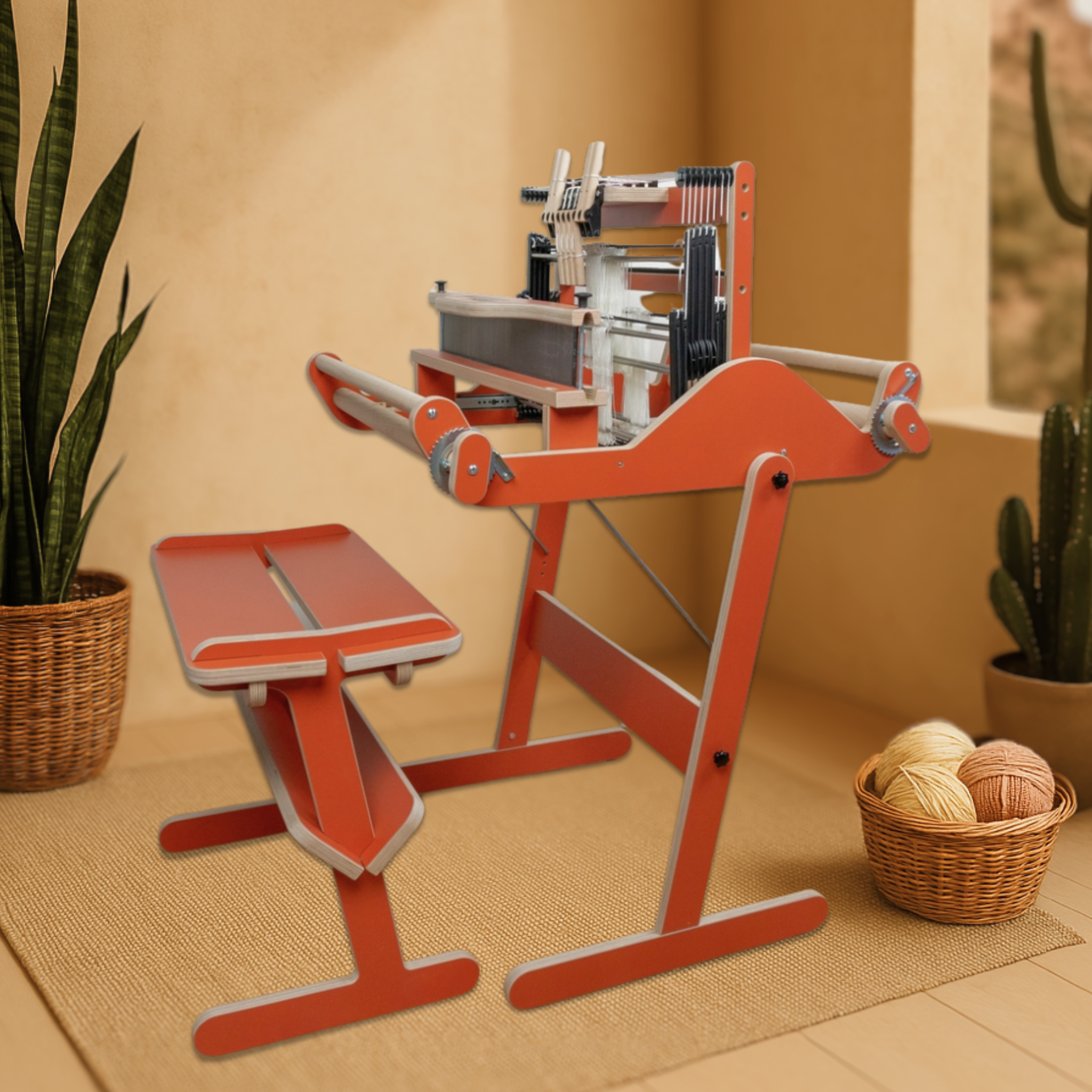 Louet Harmony Table Loom Complete Set in Terracotta displayed in a southwestern-inspired weaving space, featuring natural decor and a cozy setup.