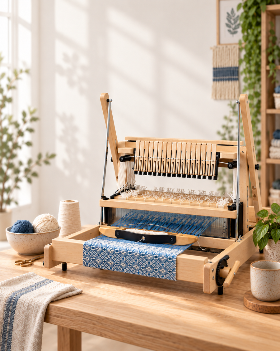 Louët Jane table loom on a wood table in a sunlit studio, weaving a blue and cream diamond-patterned cloth, with yarn and finished textiles nearby.