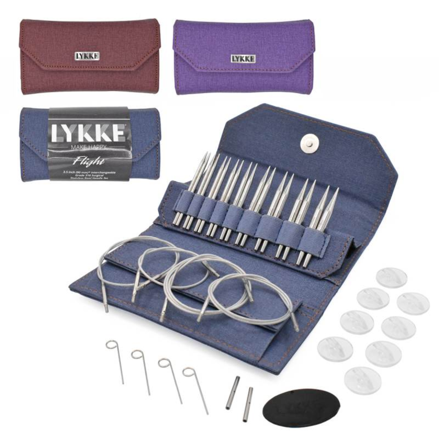 Lykke 3.5" Flight Stainless Steel Interchangeable Circular Knitting Needle Sets in Maroon, Denim, and Purple. Featuring swivel cords and sharp stainless steel tips for knitting accuracy and less fatigue. Shown in a waxed canvas button closure case.