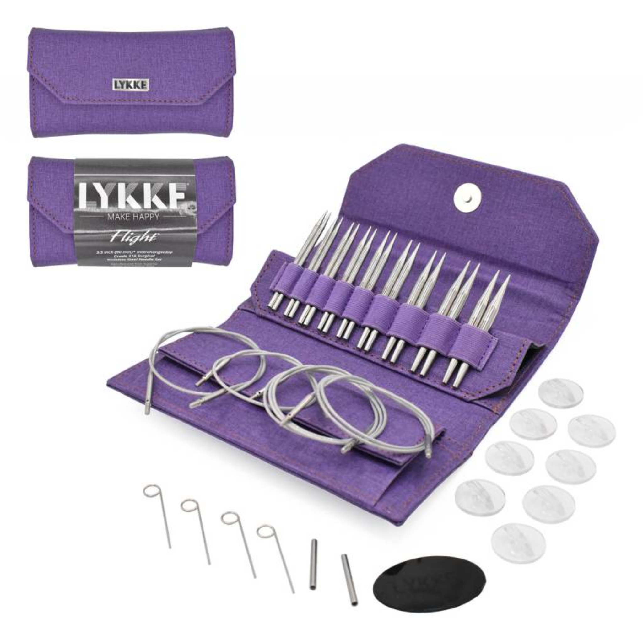 Denim waxed purple canvas case opened featuring Lykke 3.5" Flight Stainless Steel Interchangeable Circular Knitting Needles. Swivel cords and sharp stainless steel tips provide knitting accuracy and less fatigue. 