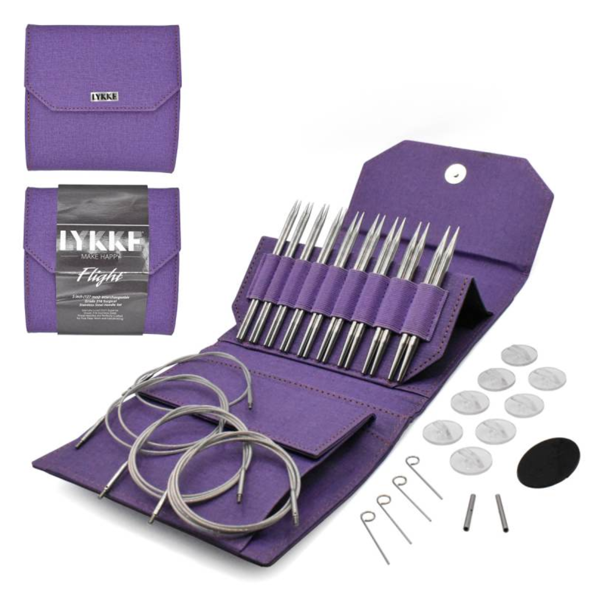 Denim waxed purple canvas case opened featuring Lykke Flight Stainless Steel Interchangeable Circular Knitting Needles. Swivel cords and sharp stainless steel tips provide knitting accuracy and less fatigue. 