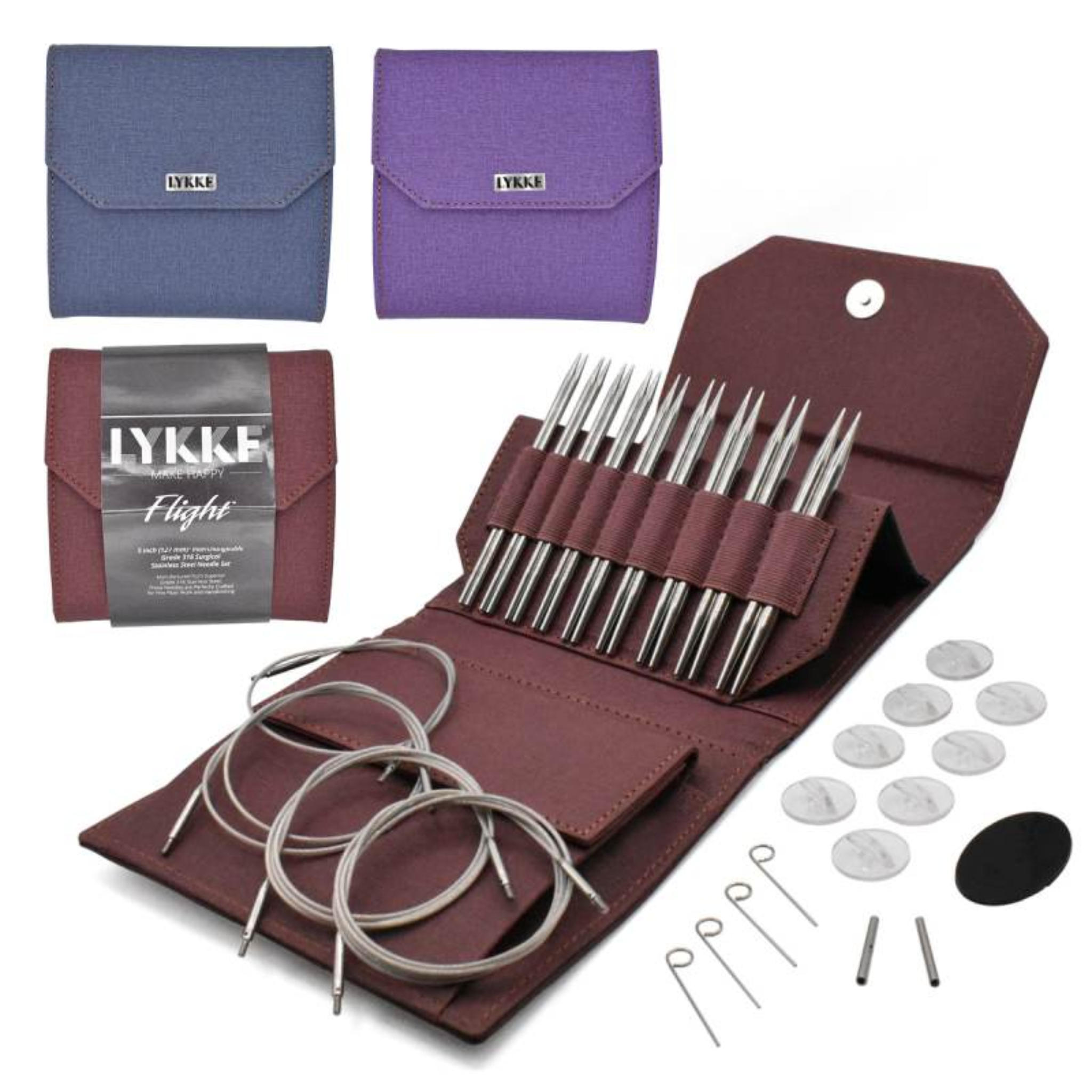 Lykke Flight Stainless Steel Interchangeable Circular Knitting Needle Sets in Maroon, Denim, and Purple. Featuring swivel cords and sharp stainless steel tips for knitting accuracy and less fatigue. Shown in a waxed canvas button closure case.