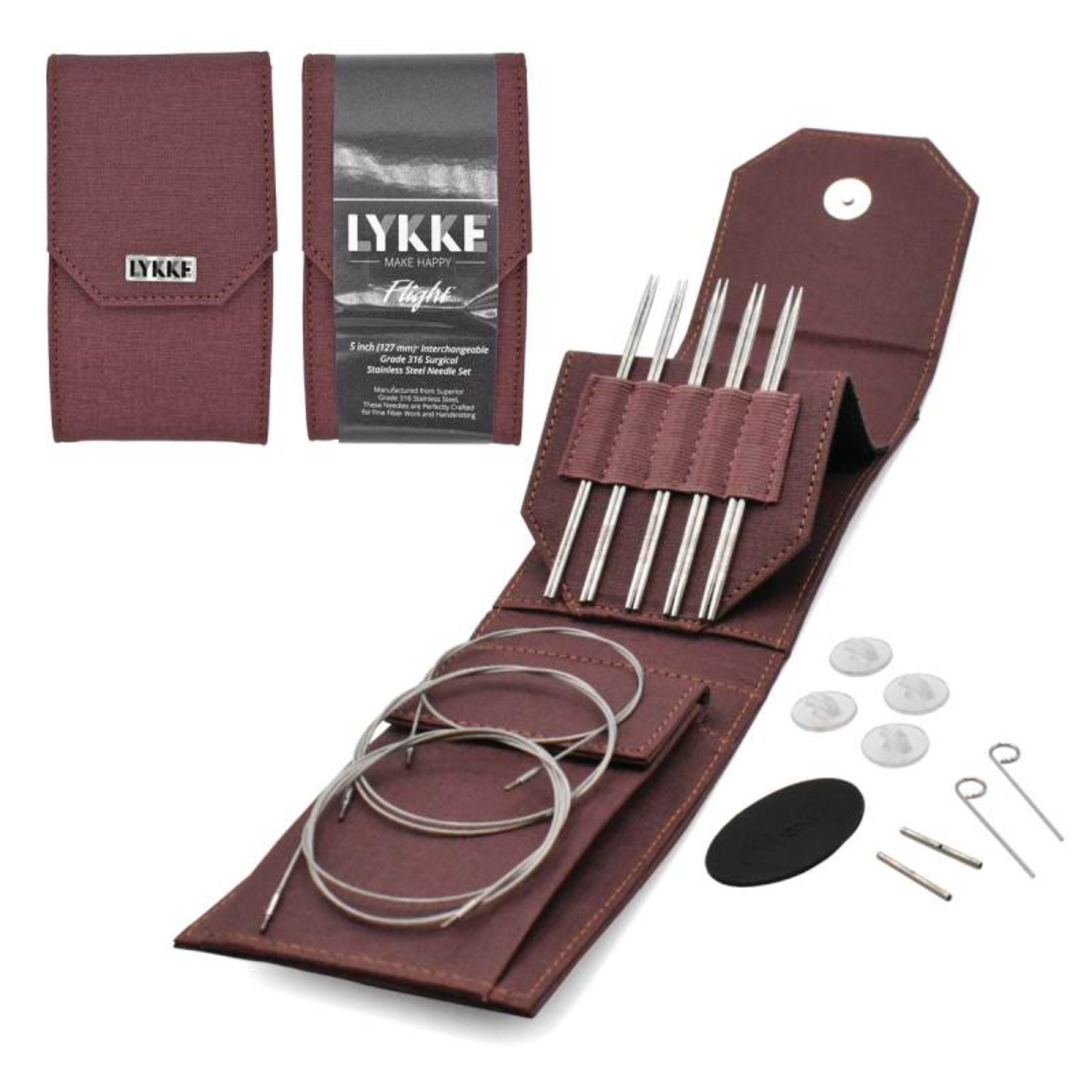 Revolution Fibers Lykke Flight Mini 5" interchangeable stainless steel knitting needle set displayed with maroon faux canvas case, 5" needle tips, mini cords, end stoppers and tightening keys for fine-gauge knitting.