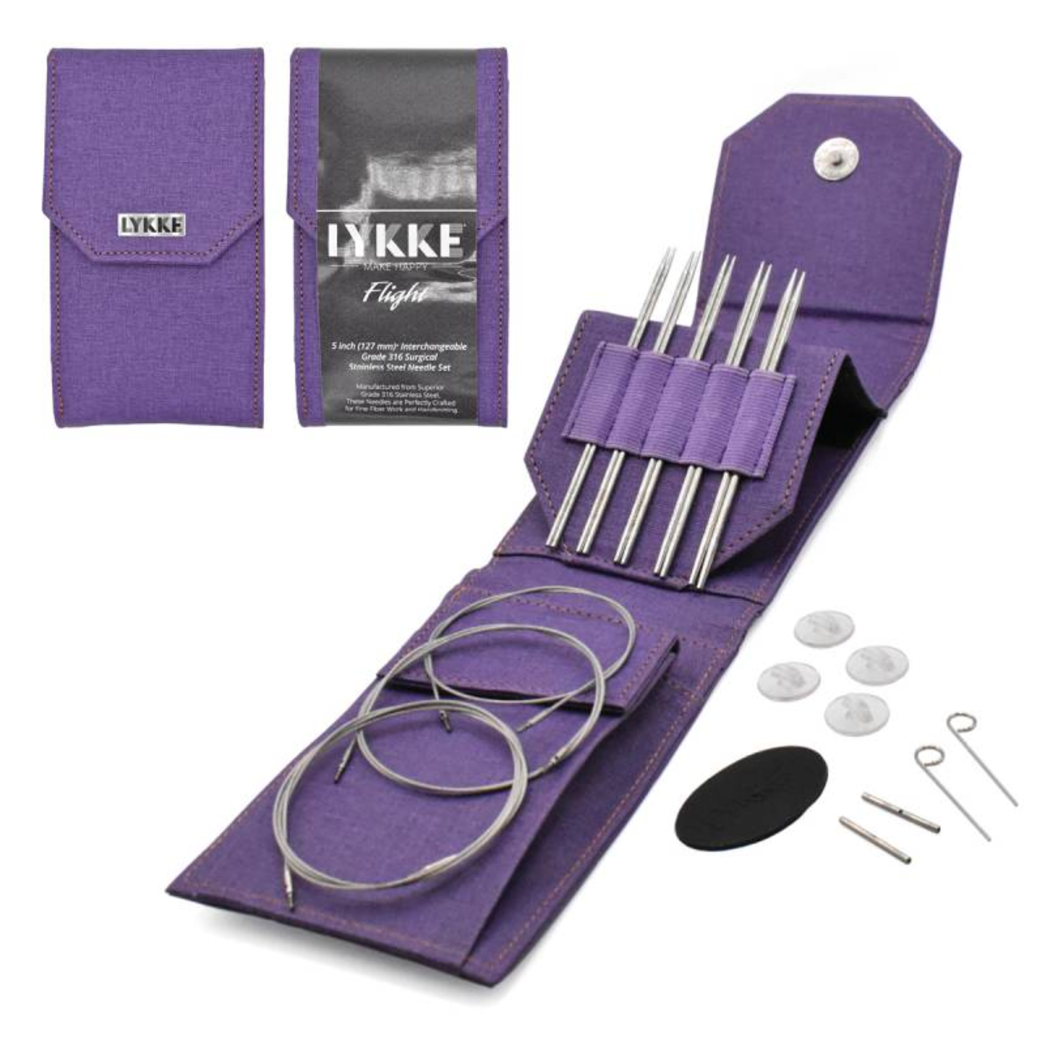 Revolution Fibers Lykke Flight Mini 5" interchangeable circular knitting needle set in purple case, open to reveal stainless steel tips, flexible mini cables and accessories ideal for sock and shawl projects.