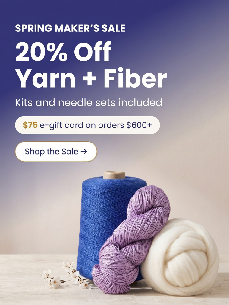 Revolution Fibers Spring Maker’s Sale banner promoting 20% off yarn, fiber, kits, and needle sets