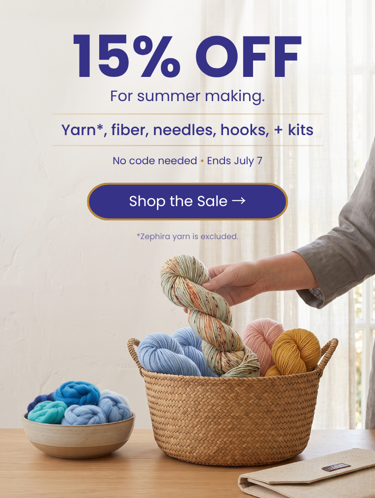 Mobile 4th of July sale banner promoting 15% off yarn, fiber, needles, hooks, and kits
